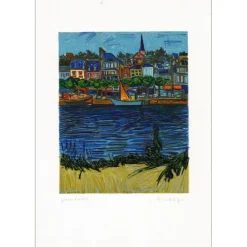 KISCHKA Isis - Lithographie originale "Bateaux au port" 66x45cm - Signée au crayon