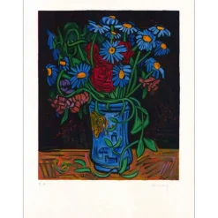 KISCHKA Isis - Lithographie originale "Bouquet de fleurs" 67x51cm - Signée au crayon