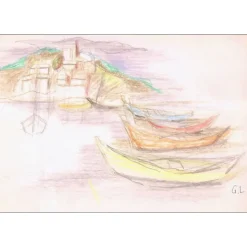 LAMBERT Georges - Dessin original " Barques et village en bord de mer " 15x22cm
