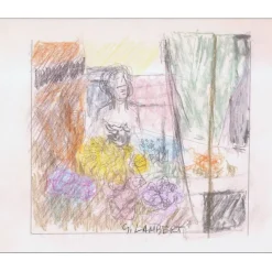 LAMBERT Georges - Dessin original " Dans le Jardin " 13x17cm
