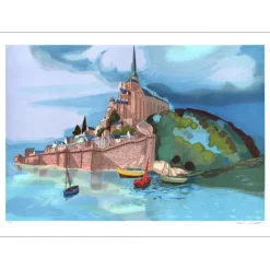 LAMBERT Georges - Lithographie originale "Mont Saint Michel à marée haute" 54x75cm