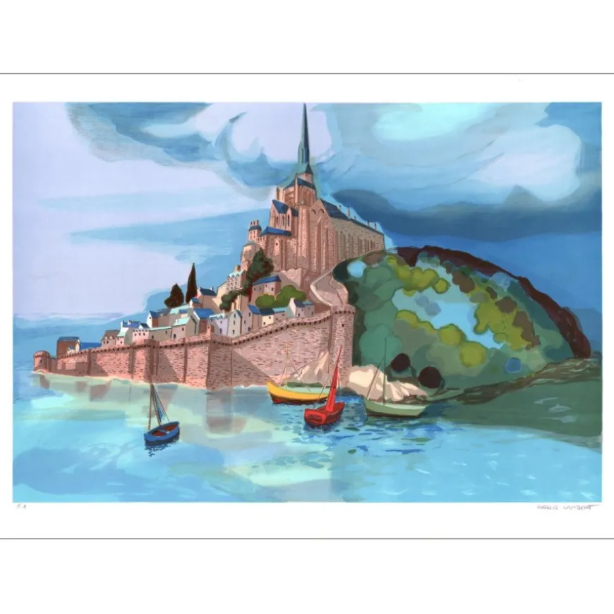 LAMBERT Georges - Lithographie originale "Mont Saint Michel à marée haute" 54x75cm