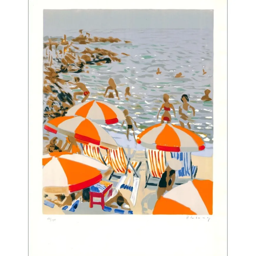 LELONG Pierre - Lithographie originale "A la plage" 76x56cm