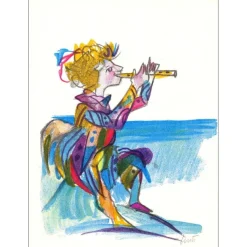 LUZZATI Emanuele - Lithographie originale "Joueur de flûte" 40x30cm - 2005