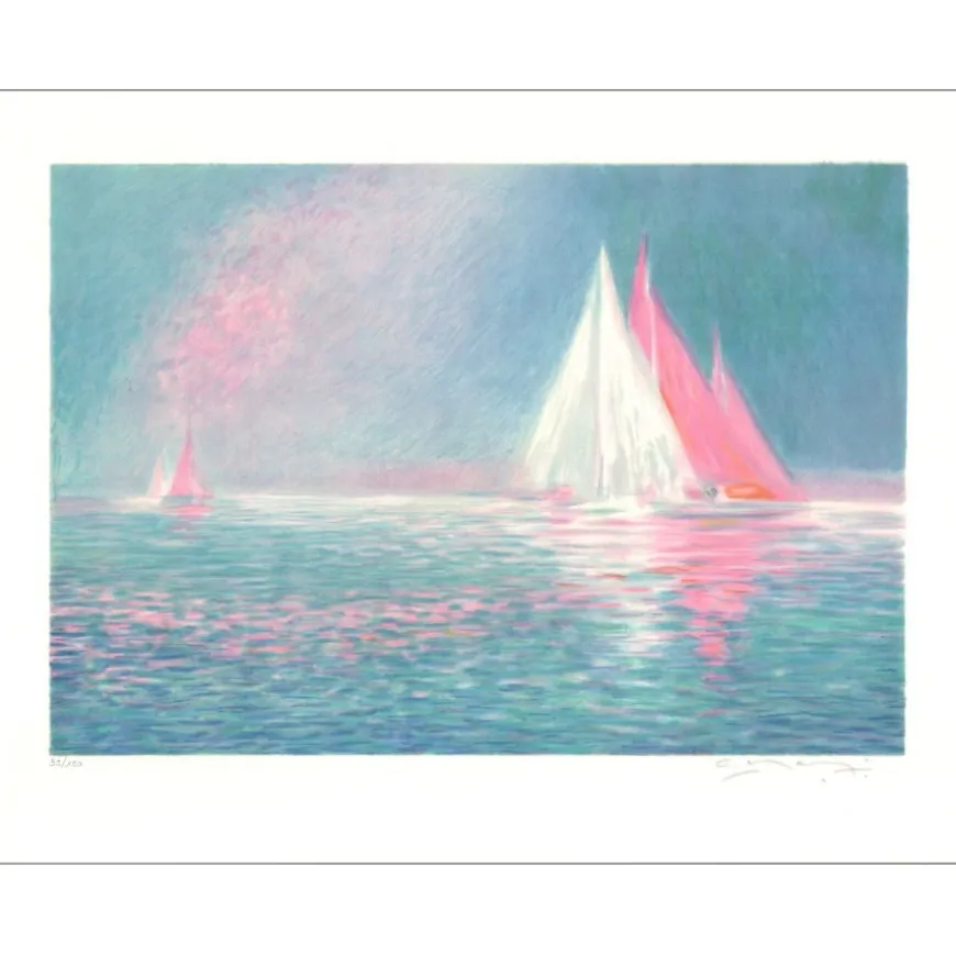 MANOUKIAN Claude - Lithographie originale "Les bateaux" 50x65cm