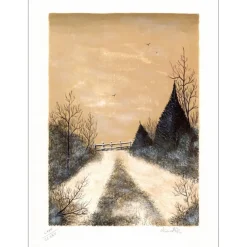 MAS Olivier - Lithographie originale "Barrière enneigé" 65x50cm