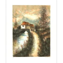 MAS Pierre - Lithographie originale "Le pont du village" 75x54cm