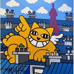 M.CHAT (Thoma Vuille) - Acrylique sur toile "Sieste ailée sur les toits" 130x120cm - 2023
