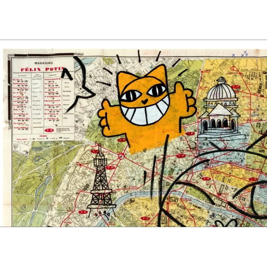 M.CHAT (Thoma Vuille) - Lithographie rehaussée "Carte de Paris, Noir" 50x70cm - 2023