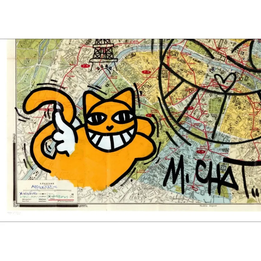 M.CHAT (Thoma Vuille) - Lithographie rehaussée "Carte de Paris, Noir" 50x70cm - 2023