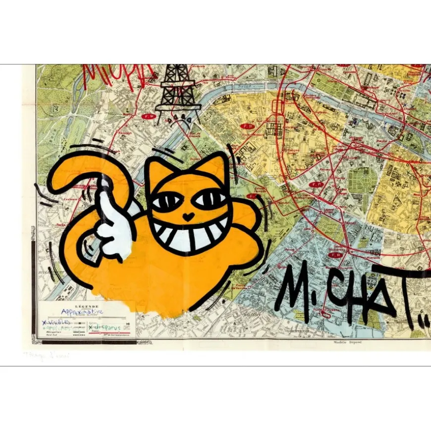 M.CHAT (Thoma Vuille) - Lithographie rehaussée "Carte de Paris, Rouge" 50x70cm - 2023