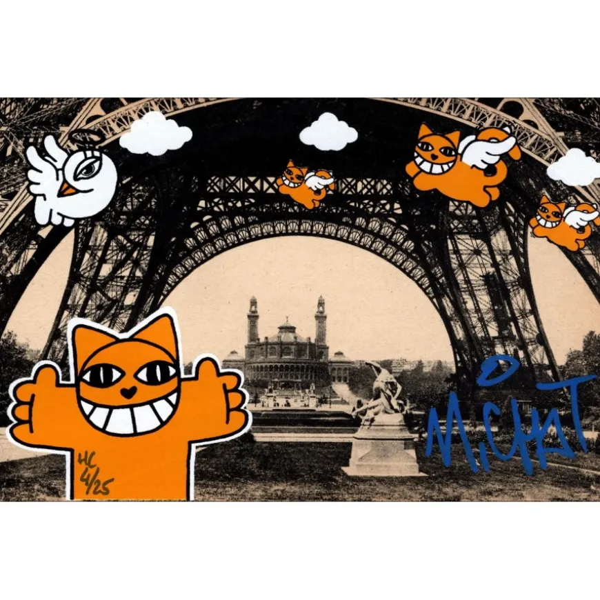 M.CHAT (Thoma Vuille) - Sérigraphie sur carte postale "Paris 4/25" 9x14cm - 2019
