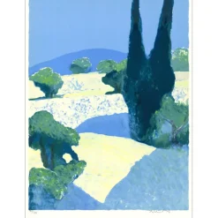 MÜHL Roger - Lithographie originale "Paysage au cyprès" 75x56cm