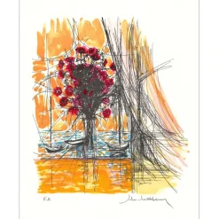 MICHEL-HENRY - Lithographie "Bouquet de fleurs et gondoles" 38x28cm
