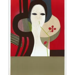MINAUX André - Lithographie originale "Portrait de femme au fond rouge" 72x53cm