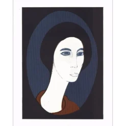 MINAUX André - Lithographie originale "Portrait de femme au fond bleu" 27x21cm - 1978