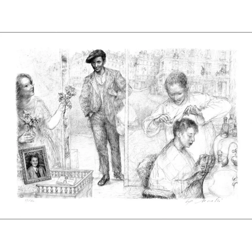 MORETTI Lucien Philippe - Lithographie originale "Chez le coiffeur" 54x75cm