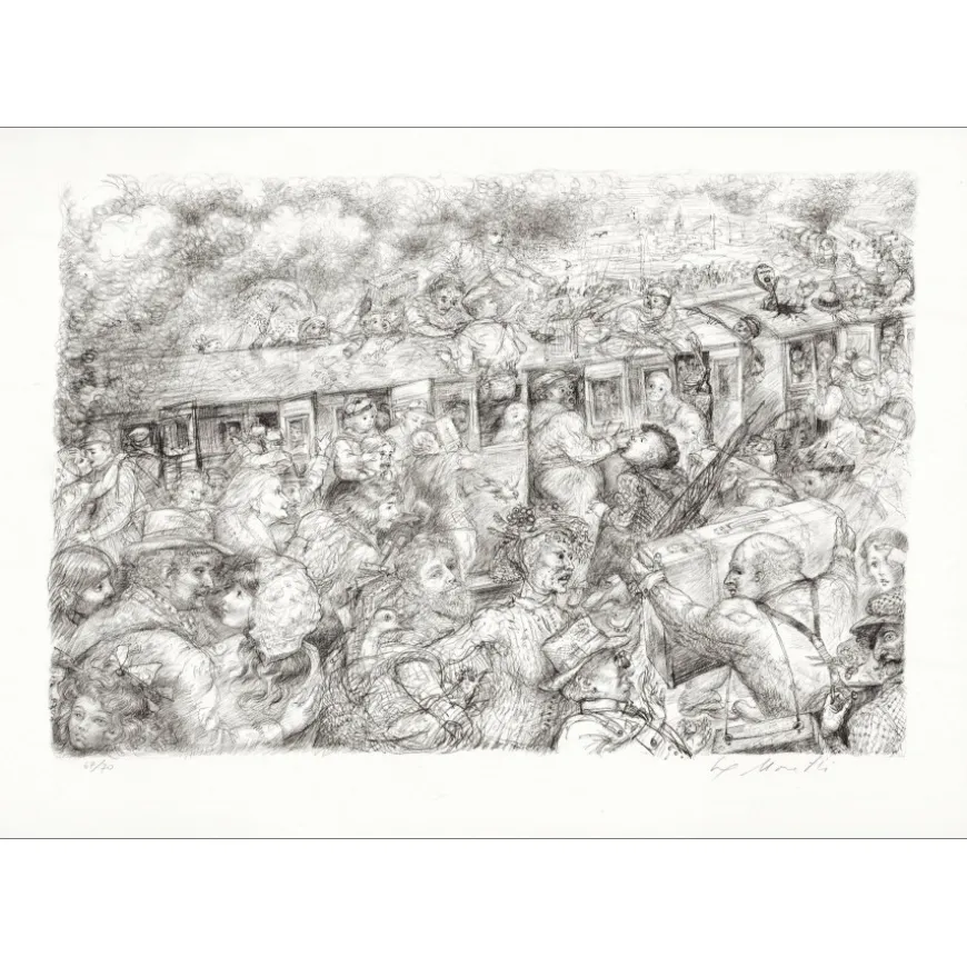 MORETTI Lucien Philippe - Lithographie originale "Le train" 54x76cm - 1975