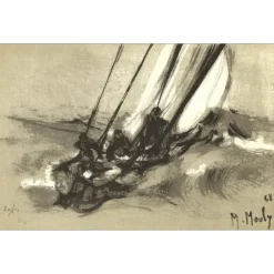 MOULY Marcel - Lithographie originale "Voiliers en mer" 14x22cm - 1968