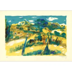 MOULY Marcel - Lithographie originale "Le village lointain" 39x57cm