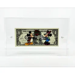 PAZBLANDINA - Dessin original en technique mixte sur Dollar $ "Mickey et Minnie" 6,6x15,6cm - 2024