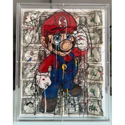 PAZBLANDINA - Dessin original sur Dollars $ "Mario" 34x44x4cm - 2021