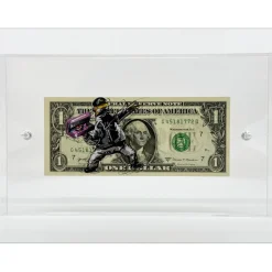 PAZBLANDINA - Dessin original en technique mixte sur Dollar $ "Homer Simpson Banksy" 6,6x15,6cm - 2024