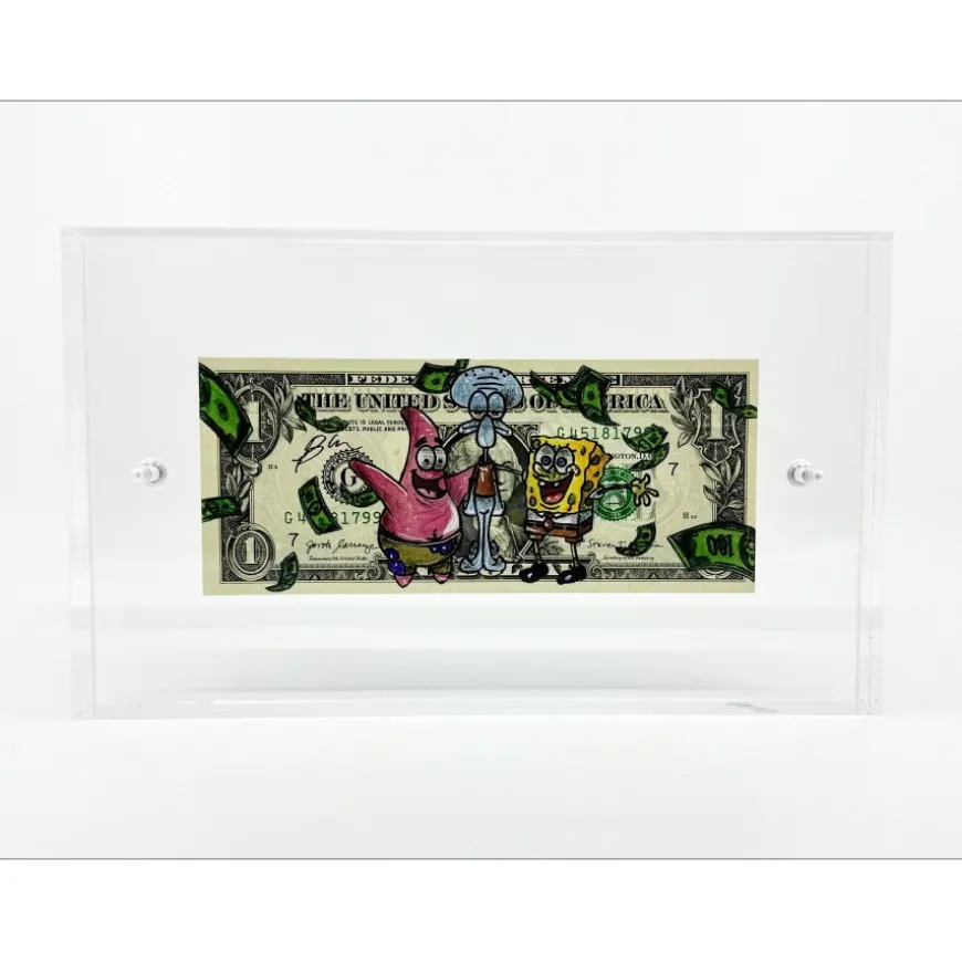 PAZBLANDINA - Dessin original sur Dollar $ "Bob l'éponge" 6,6x15,6cm - 2024