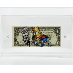 PAZBLANDINA - Dessin original sur Dollar $ "Bart Simpson Banksy" 6,6x15,6cm - 2024