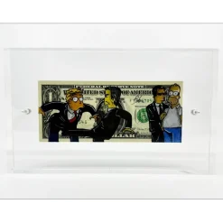 PAZBLANDINA - Dessin original sur Dollar $ "Homer Simpson & Men in black" 6,6x15,6cm - 2024