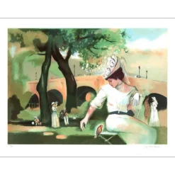 PELTRIAUX Bernard - Lithographie originale "Élégante dans le parc" 54x75cm