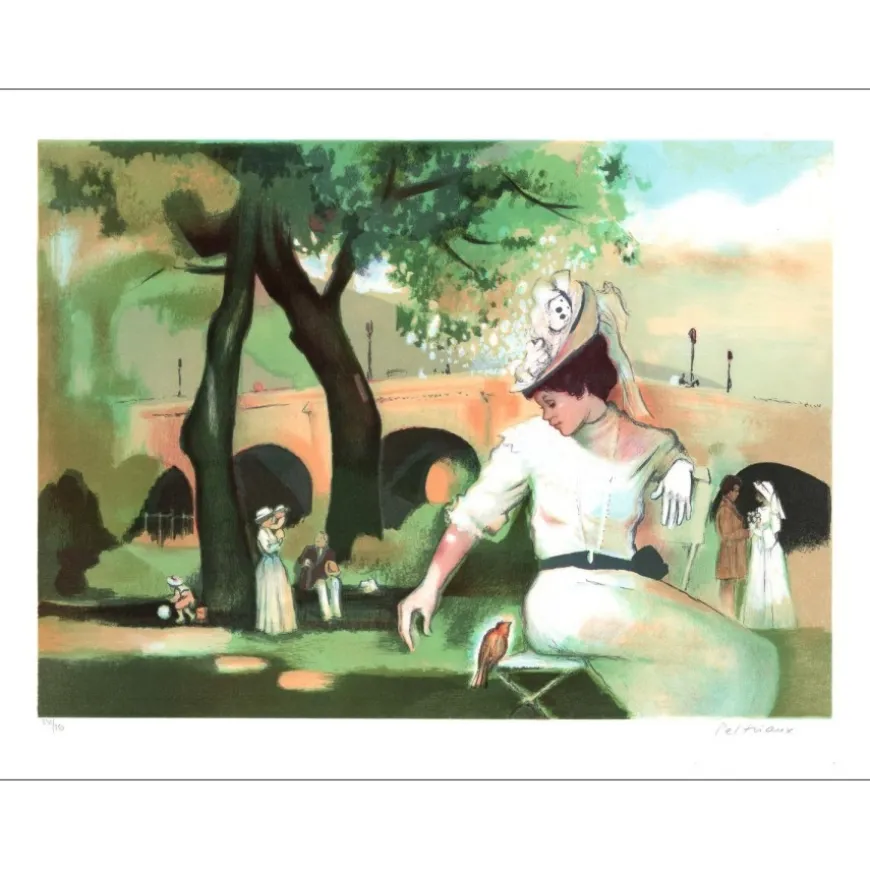 PELTRIAUX Bernard - Lithographie originale "Élégante dans le parc" 54x75cm