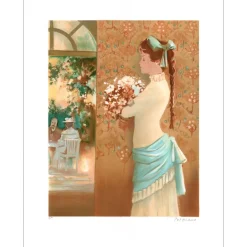 PELTRIAUX Bernard - Lithographie originale "Femme au bouquet" 75x54cm