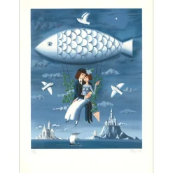 PEYNET Raymond - Lithographie originale "Les amoureux poisson volant" 76x57cm