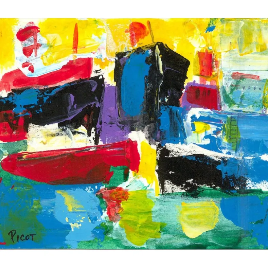 PICOT Jean-Claude - Dessin original à la gouache "Les bateaux 2" 11x14cm