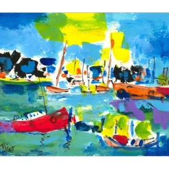 PICOT Jean-Claude - Dessin original à la gouache "Les bateaux 1" 11x14cm