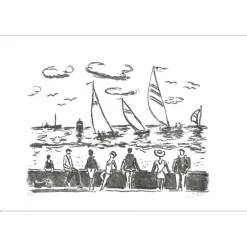 PICOT Jean-Claude - Lithographie originale "Voiliers en bord de mer" 38x57cm