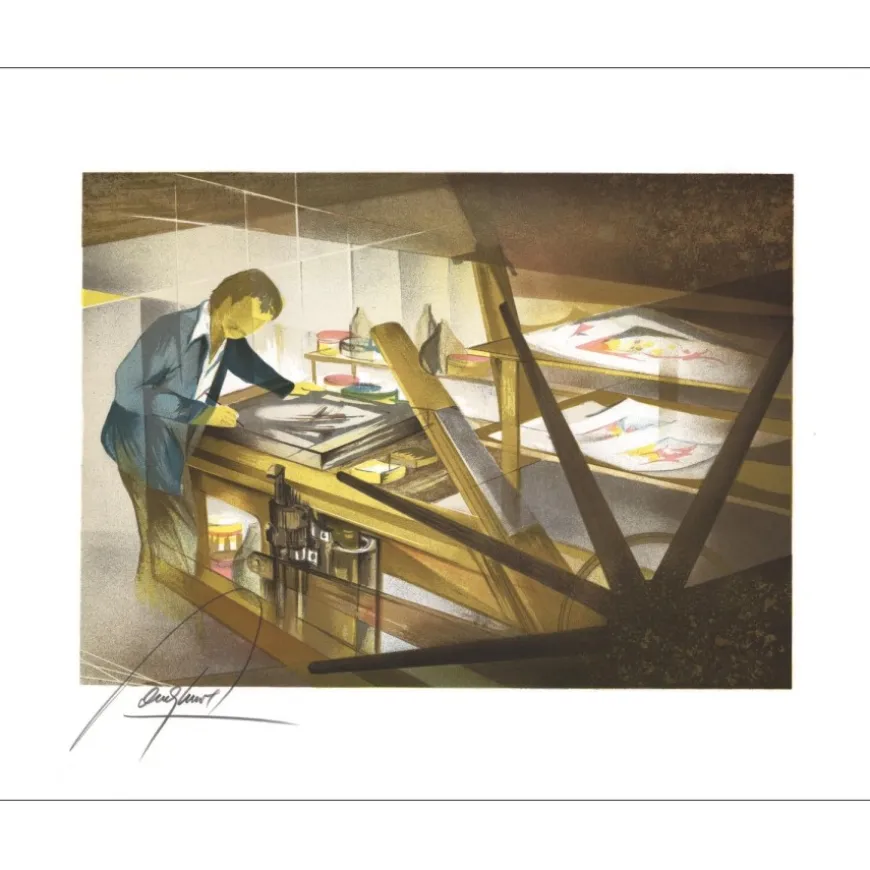 POULET Raymond - Lithographie originale "Le Lithographe dans l'atelier" 46x57cm