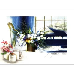 POULET Raymond - Lithographie originale "Piano au bouquet blanc" 37x52cm