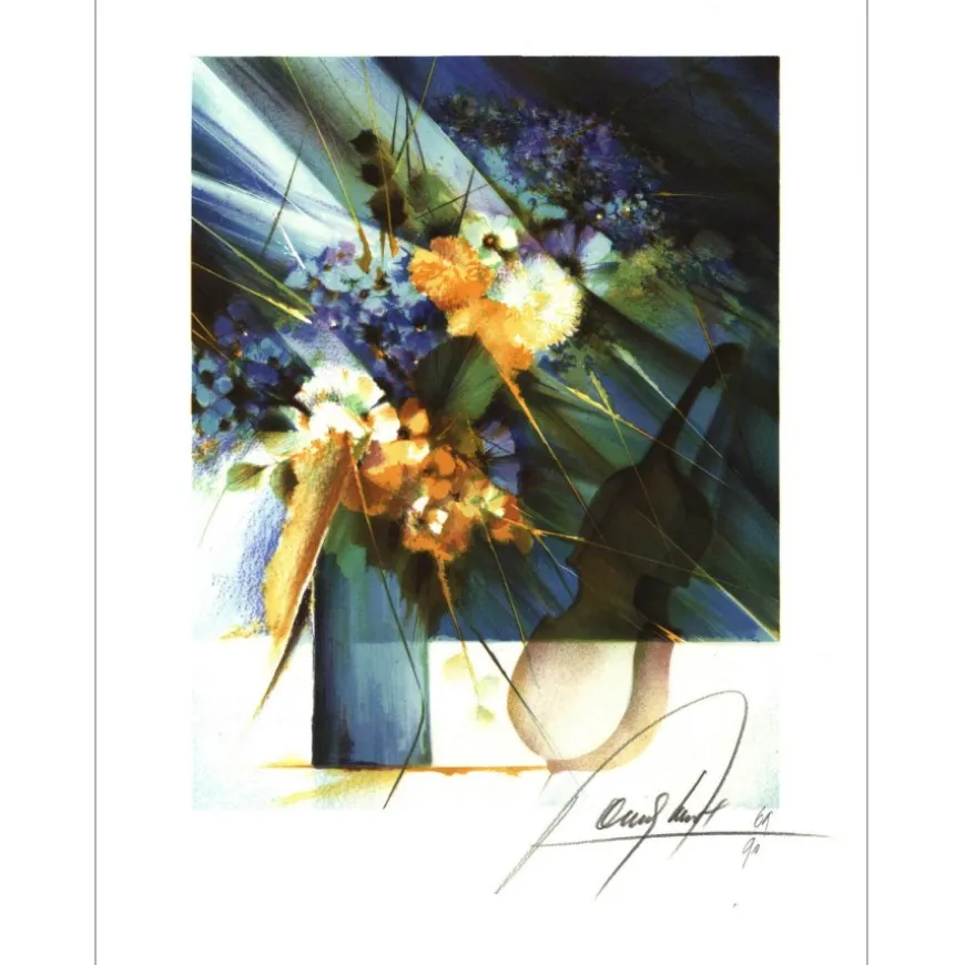 POULET Raymond - Lithographie originale "Bouquet au violoncelle" 37x28cm