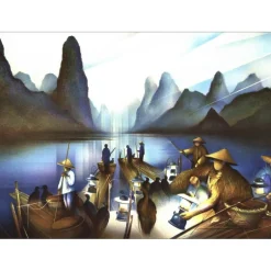 POULET Raymond - Lithographie originale "Pêcheurs de l'aube" 37x52cm