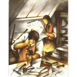 POULET Raymond - Lithographie originale "L'Imprimeur-Relieur" 37x27cm - 1984