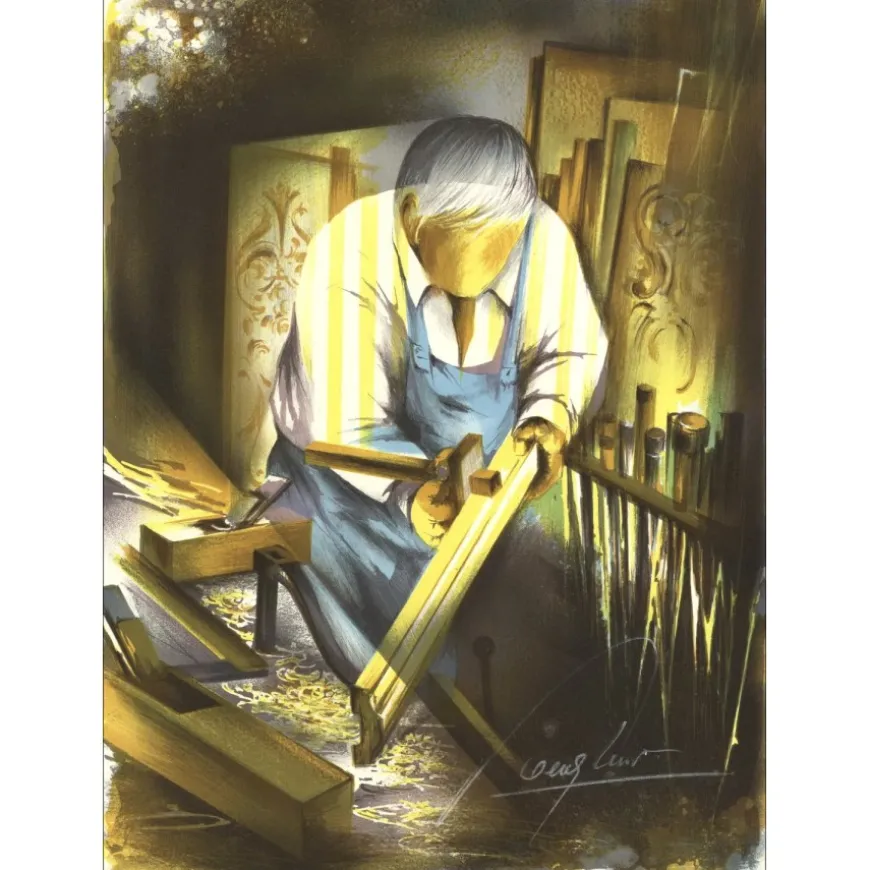 POULET Raymond - Lithographie originale "L'Ébéniste" 37x27cm - 1984