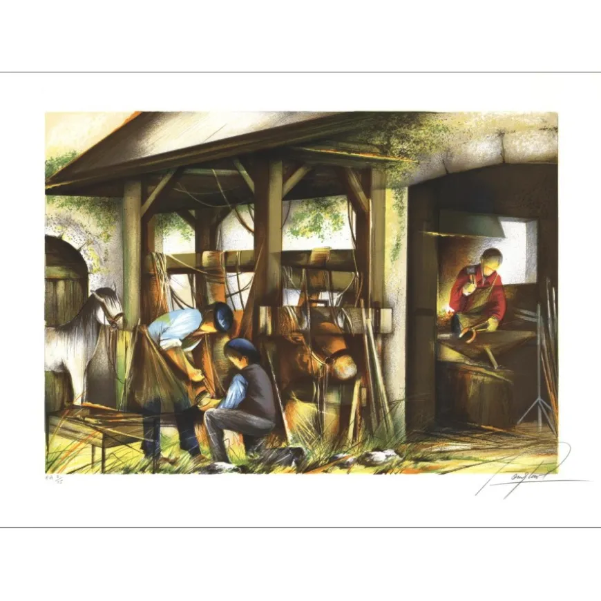 POULET Raymond - Lithographie originale "Les métiers : Le maréchal ferrant" 54x75cm