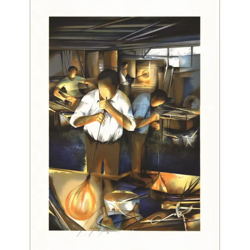 POULET Raymond - Lithographie originale "Les métiers : Le souffleur de verre" 75x54cm