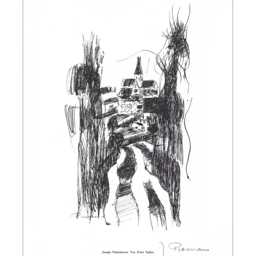 PRESSMANE Joseph - Lithographie signée au crayon "Vue d'une église" 27x21cm - 1961