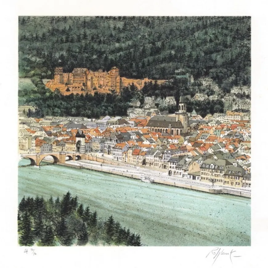 RAFFLEWSKI Rolf - Lithographie originale "Ville du monde, Heidelberg et son Château" 29x29cm