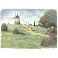 RAFFLEWSKI Rolf - Lithographie originale "Le Moulin d'Alphonse Daudet à Fontvieille" 54x75cm