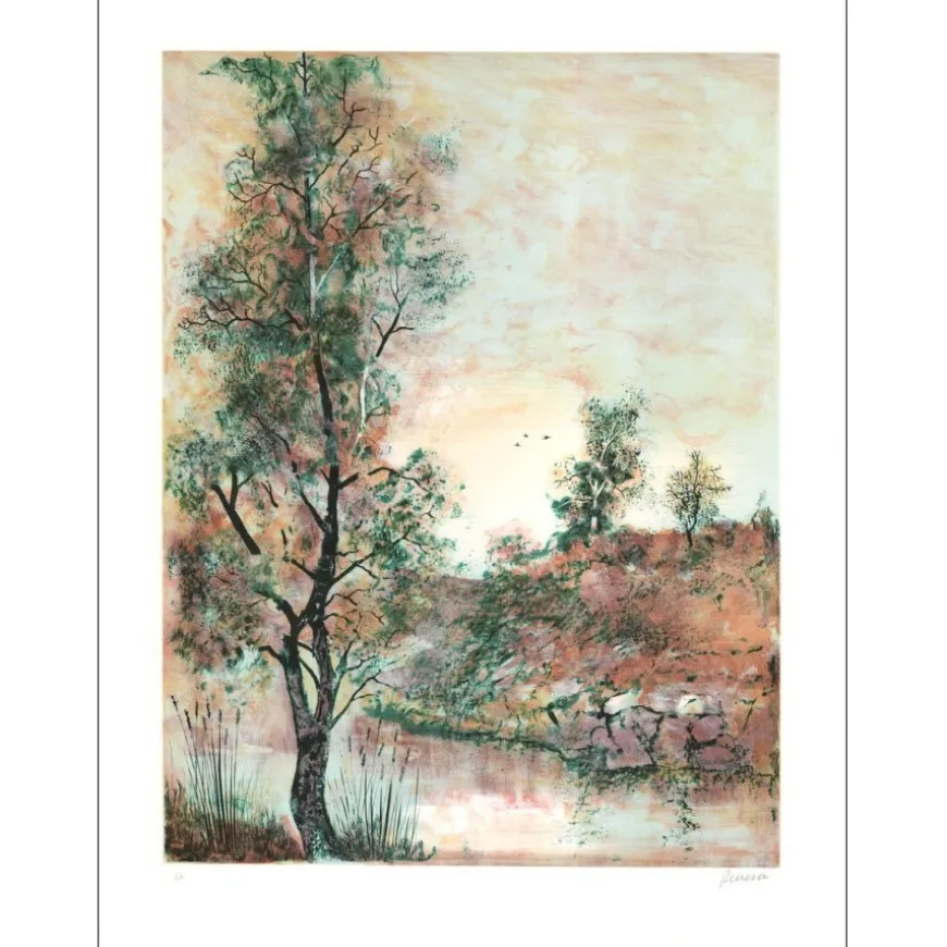 RIVERA Antonio - Lithographie originale "Paysage en bord de rivière" 65x48cm