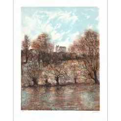 RIVERA Antonio - Lithographie originale "Paysage au château" 65x48cm